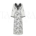 Elegant White Floral Lace Kaftan with Black Embellished Neckline