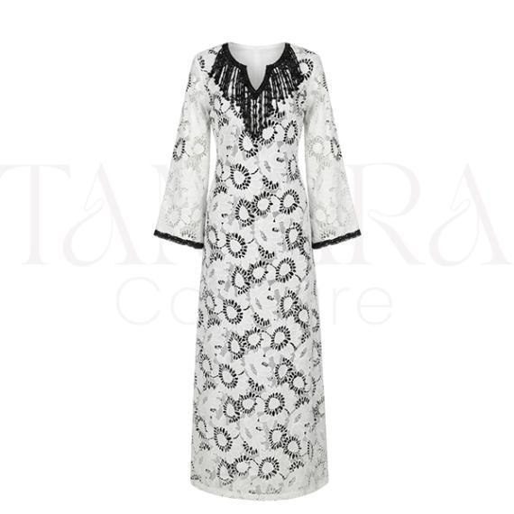 Elegant White Floral Lace Kaftan with Black Embellished Neckline