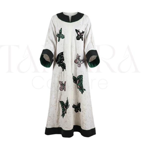 Elegant Ivory Butterfly Embellished Kaftan with Contrast Trim