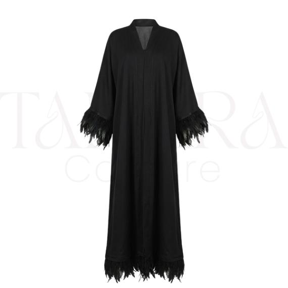 Elegant Black Abaya with Feather Trim Sleeves and Hem
