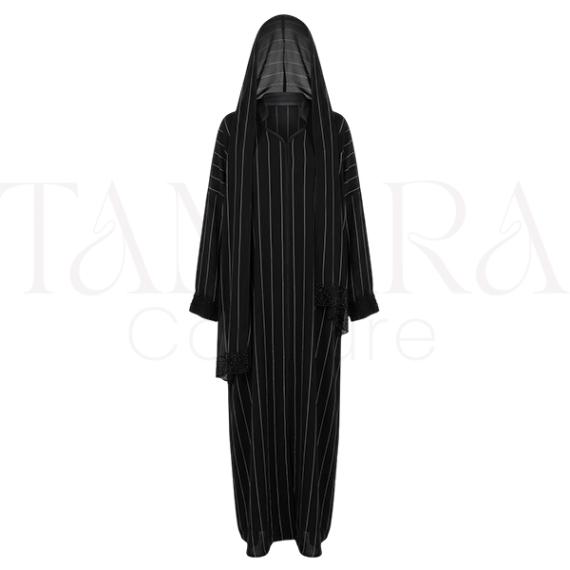 Luxury Black Hooded Pinstripe Abaya with Embellished Cuffs