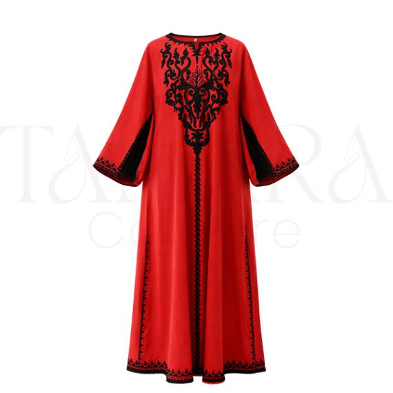 Luxury Red Embroidered Abaya with Black Ornamental Detailing