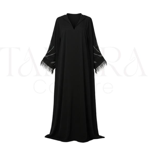 Elegant Black Embroidered Abaya with Feather Sleeve Details