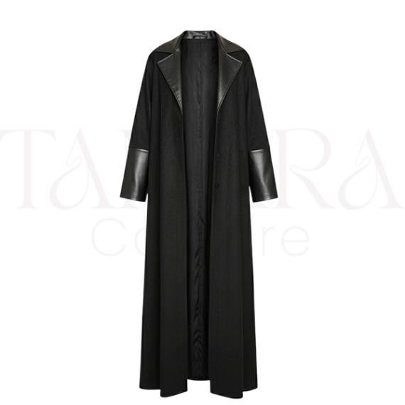Modern Black Longline Abaya Coat with Leather Trim