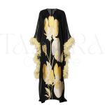 Luxury Black Kaftan with Gold Floral Embroidery and Feather Trim