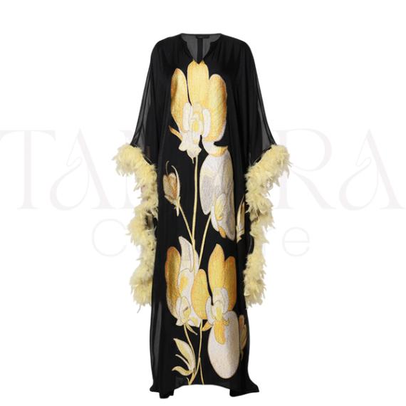 Luxury Black Kaftan with Gold Floral Embroidery and Feather Trim