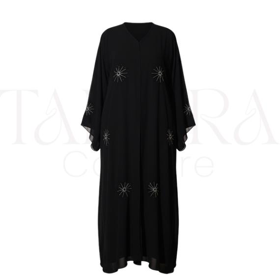 Elegant Black Abaya with Crystal Starburst Embellishments