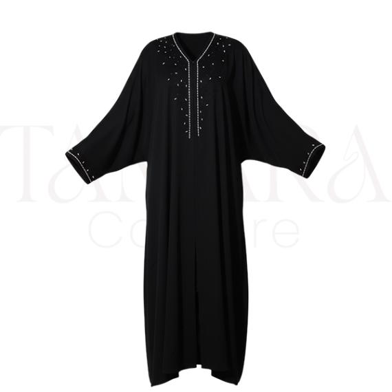 Elegant Black Abaya with Crystal Embellished Neckline and Wide Sleeves