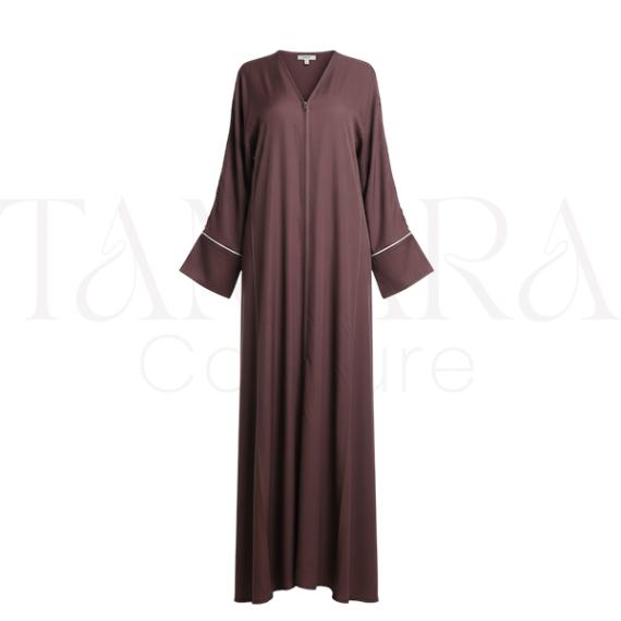Elegant Mocha Brown Front-Zip Abaya with Wide Sleeves