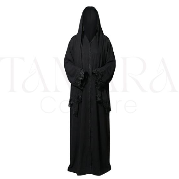 Luxury Black Hooded Abaya with Lace Trim and Matching Face Veil