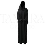 Elegant Black Abaya with Lace Cuffs and Draped Hooded Veil