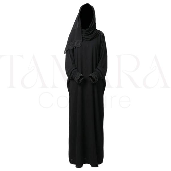 Elegant Black Abaya with Lace Cuffs and Draped Hooded Veil