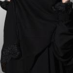 Elegant Black Abaya with Lace Cuffs and Draped Hooded Veil