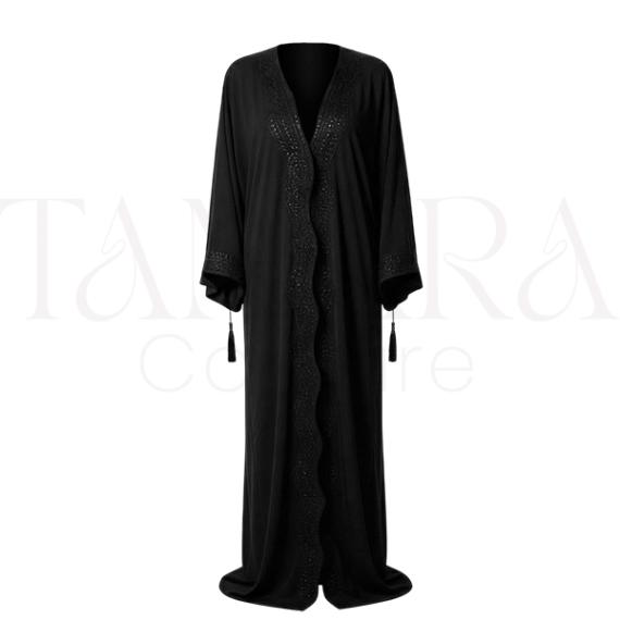 Luxury Black Open Abaya with Beaded Scalloped Trim and Tassel Sleeves