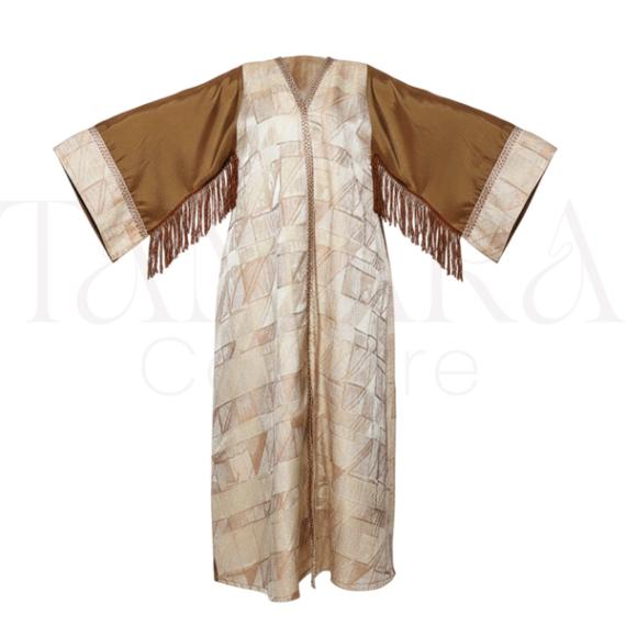 Elegant Beige Patterned Kimono Abaya with Fringe Sleeves