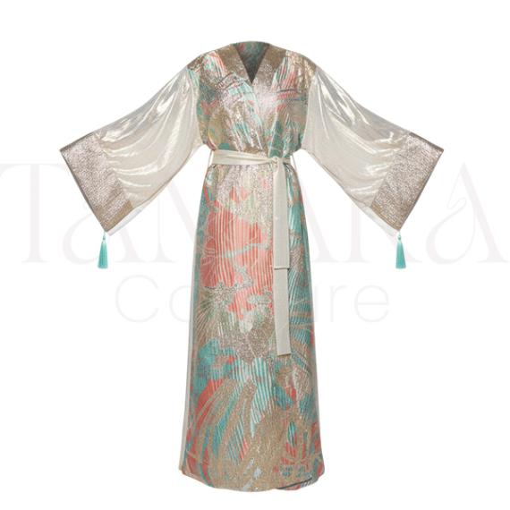 Luxury Metallic Floral Kimono Abaya with Belt and Tassel Sleeves