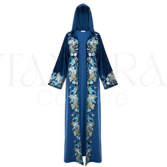 Luxury Royal Blue Hooded Open Abaya with Floral Embroidery
