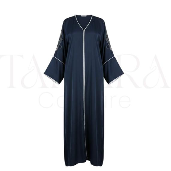 Elegant Navy Blue Open Abaya with Embroidered Wide Sleeves
